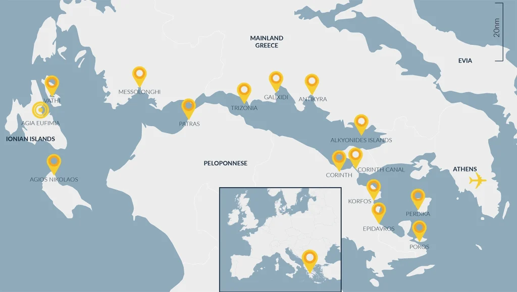 Kefalonia to Korfos Explorer Flotilla route map